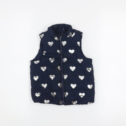 GAP Girls Blue Heart Print Puffer Waistcoat 4 Years Polyester Zip Up