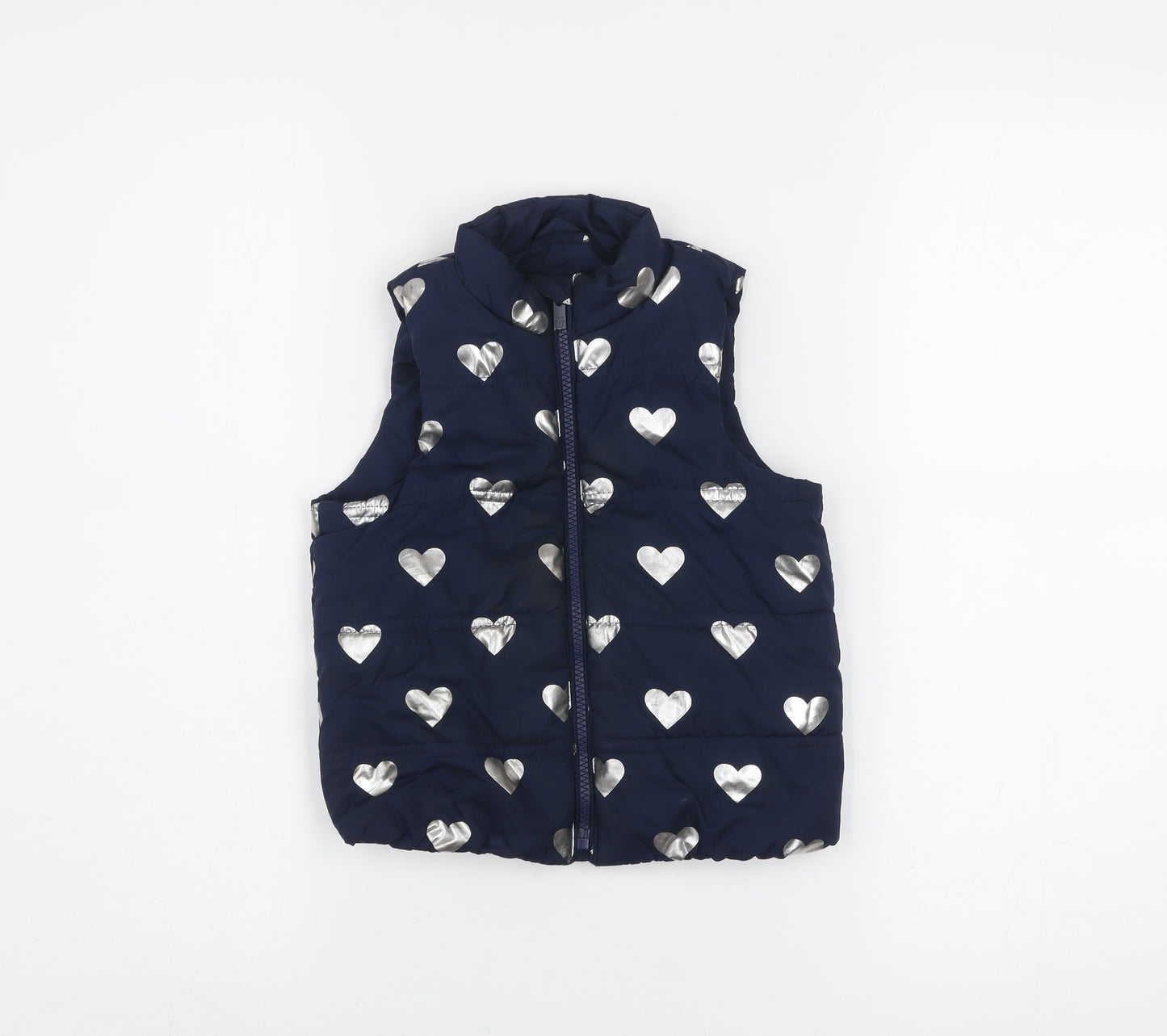 GAP Girls Blue Heart Print Puffer Waistcoat 4 Years Polyester Zip Up