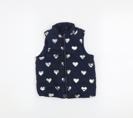 GAP Girls Blue Heart Print Puffer Waistcoat 4 Years Polyester Zip Up