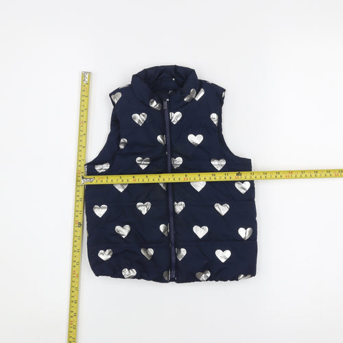 GAP Girls Blue Heart Print Puffer Waistcoat 4 Years Polyester Zip Up