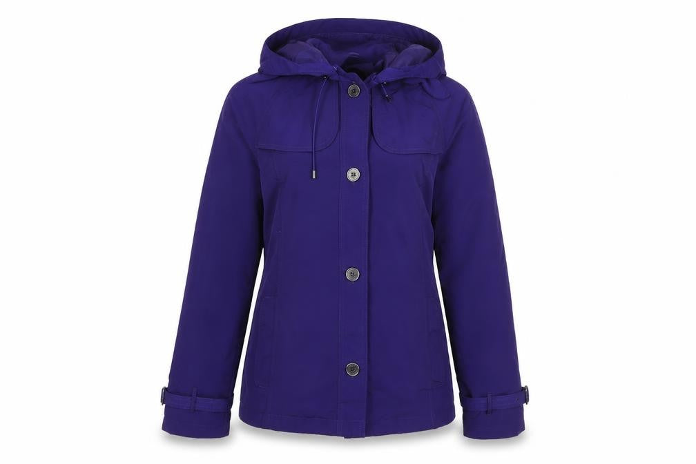 Front view of Lands' End Women's Purple Hooded Rain Jacket, size S