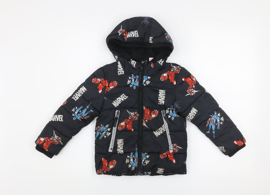 Marvel Boys Black Puffer Jacket 3-4 Years Hooded Winter Coat