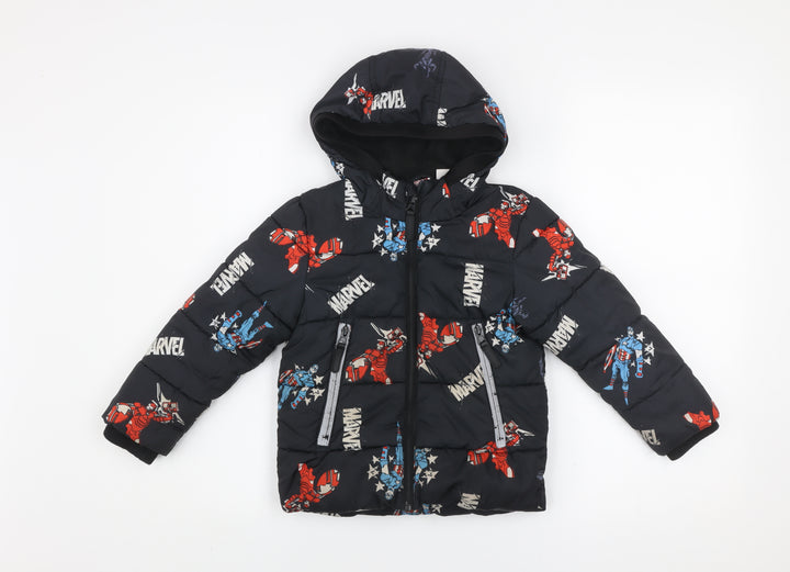 Marvel Boys Black Puffer Jacket 3-4 Years Hooded Winter Coat