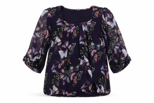 Front view of Dunnes Women’s Purple Butterfly Print Chiffon Blouse, size UK 14
