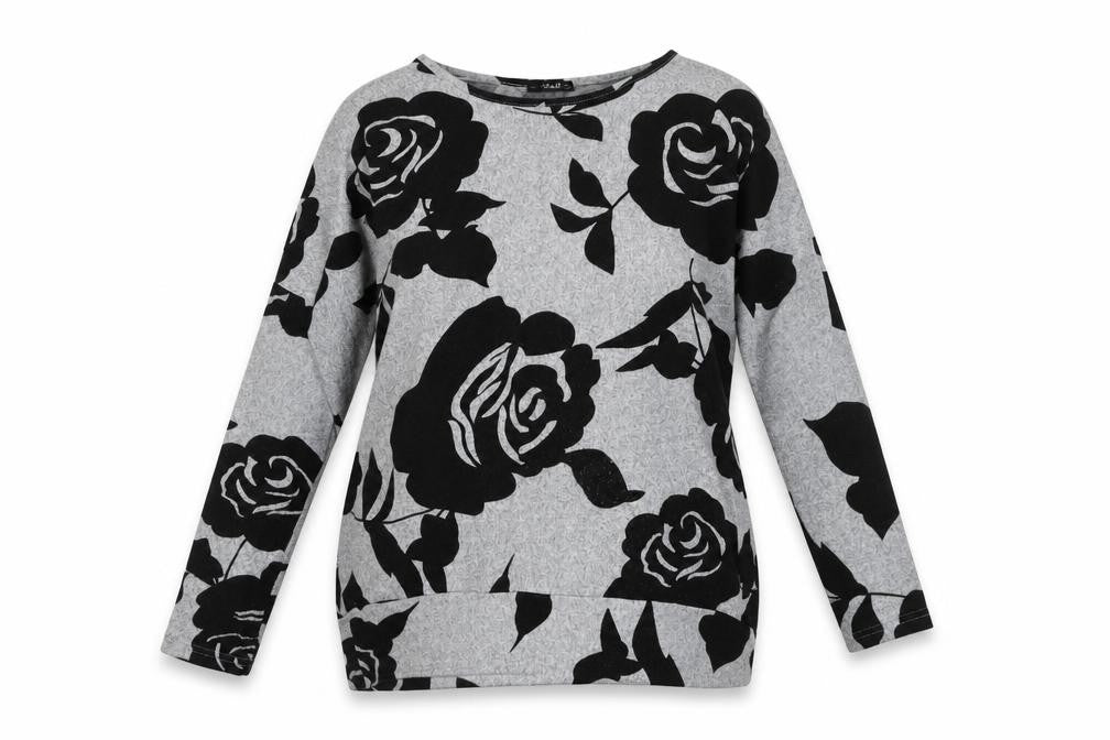 Front view of Quiz Women's Grey Floral Relaxed Fit Long Sleeve jumper, size 12