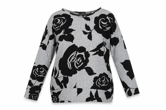 Front view of Quiz Women's Grey Floral Relaxed Fit Long Sleeve jumper, size 12