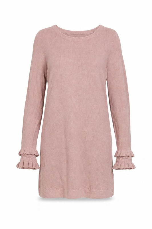 Front view of Laura Ashley Women Pink Knit Jumper Dress, size 12, Ruffle Sleeve