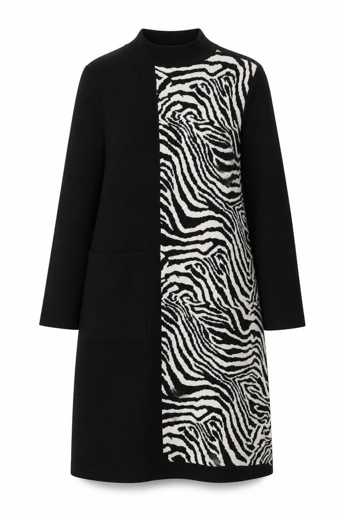 Front view of Morphy Art Group Women’s Black Zebra Knit Shift Dress, size S