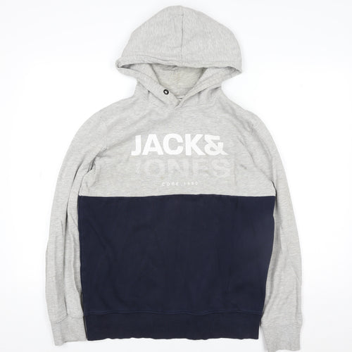 Jack & Jones Mens Grey Pullover Hoodie L Graphic Print Core 1990