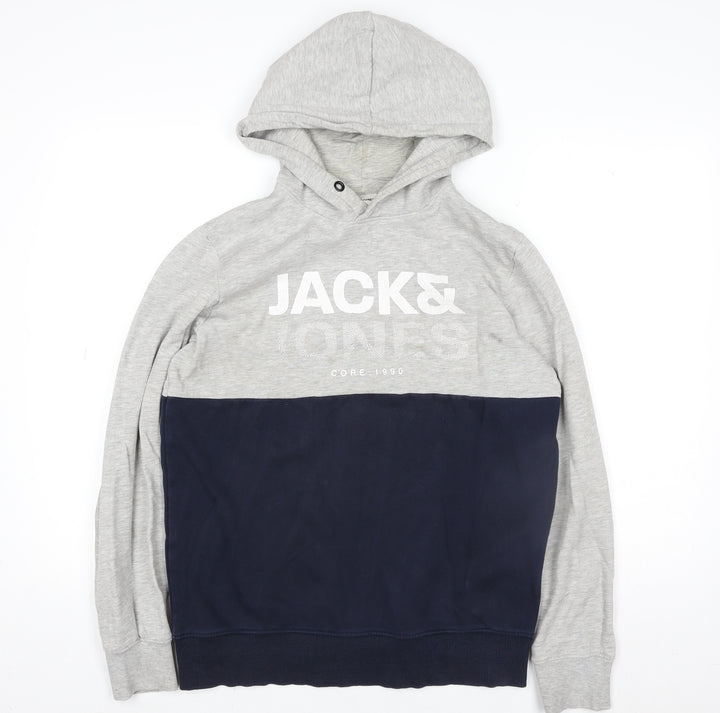 Jack & Jones Mens Grey Pullover Hoodie L Graphic Print Core 1990