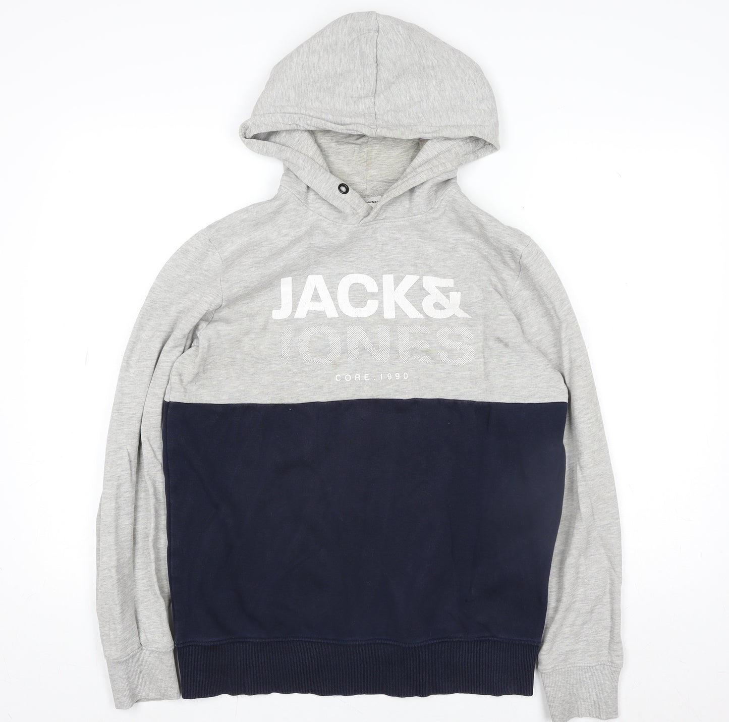 Jack & Jones Mens Grey Pullover Hoodie L Graphic Print Core 1990