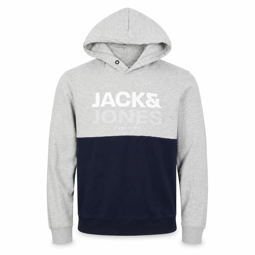 Front view of Jack & Jones men’s grey pullover hoodie l graphic print core 1990