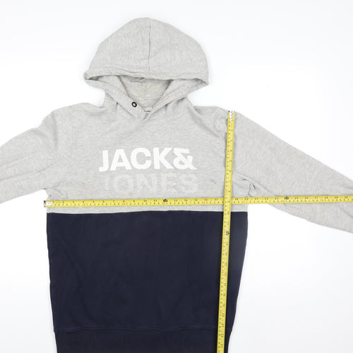 Jack & Jones Mens Grey Pullover Hoodie L Graphic Print Core 1990