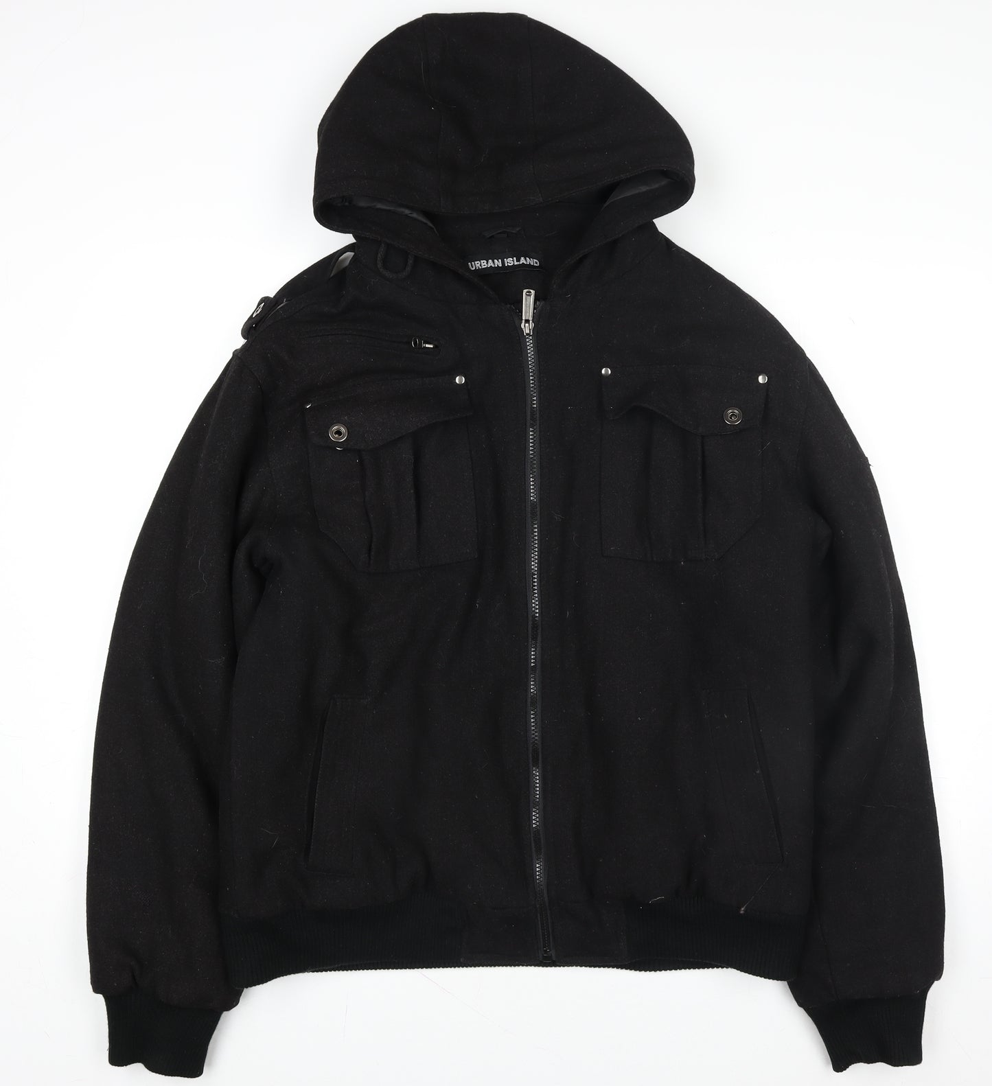 Urban Island Womens Black Wool Blend Hooded Bomber Jacket M