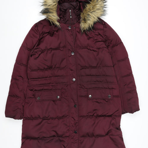 Centigrade Women's Red Long Puffer Coat L Hooded Faux Fur Trim