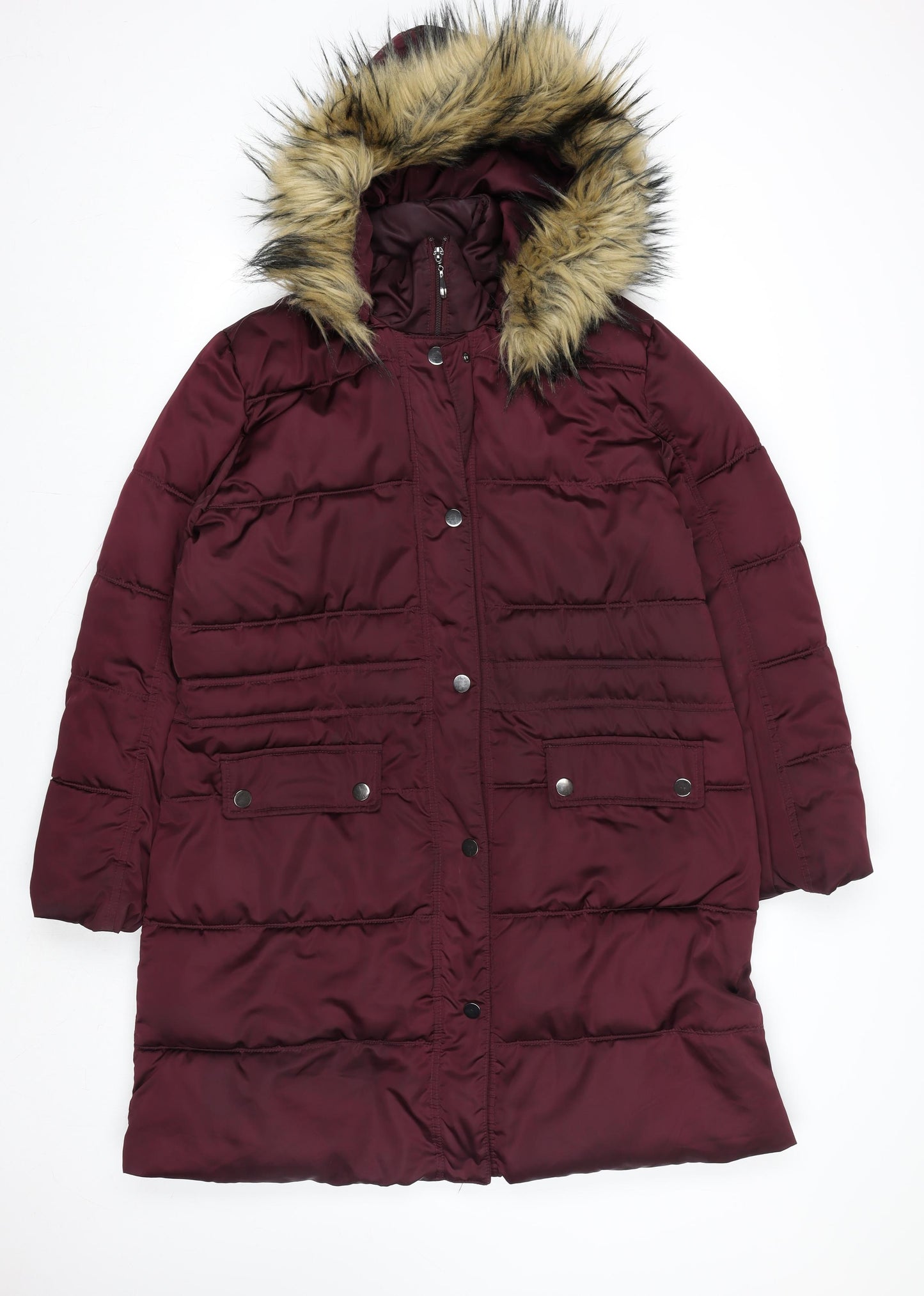 Centigrade Women's Red Long Puffer Coat L Hooded Faux Fur Trim