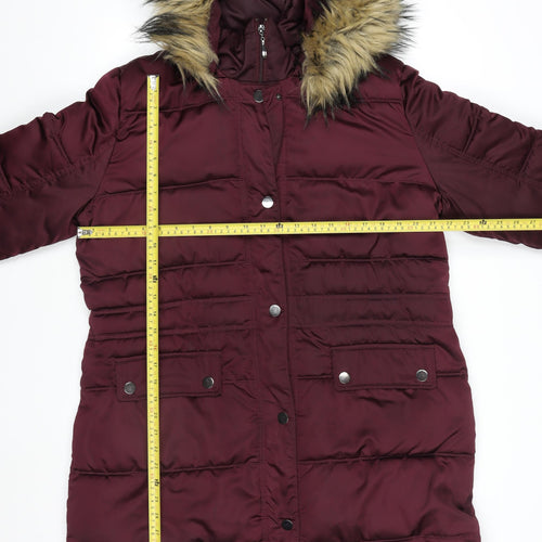 Centigrade Women's Red Long Puffer Coat L Hooded Faux Fur Trim