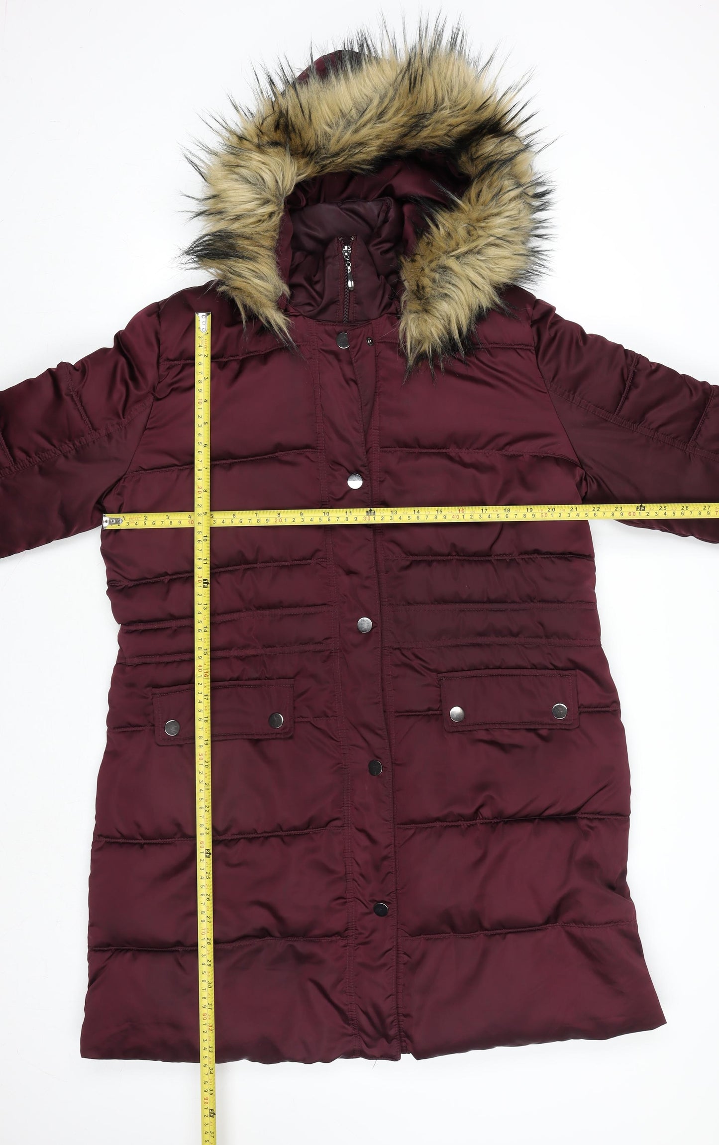 Centigrade Women's Red Long Puffer Coat L Hooded Faux Fur Trim