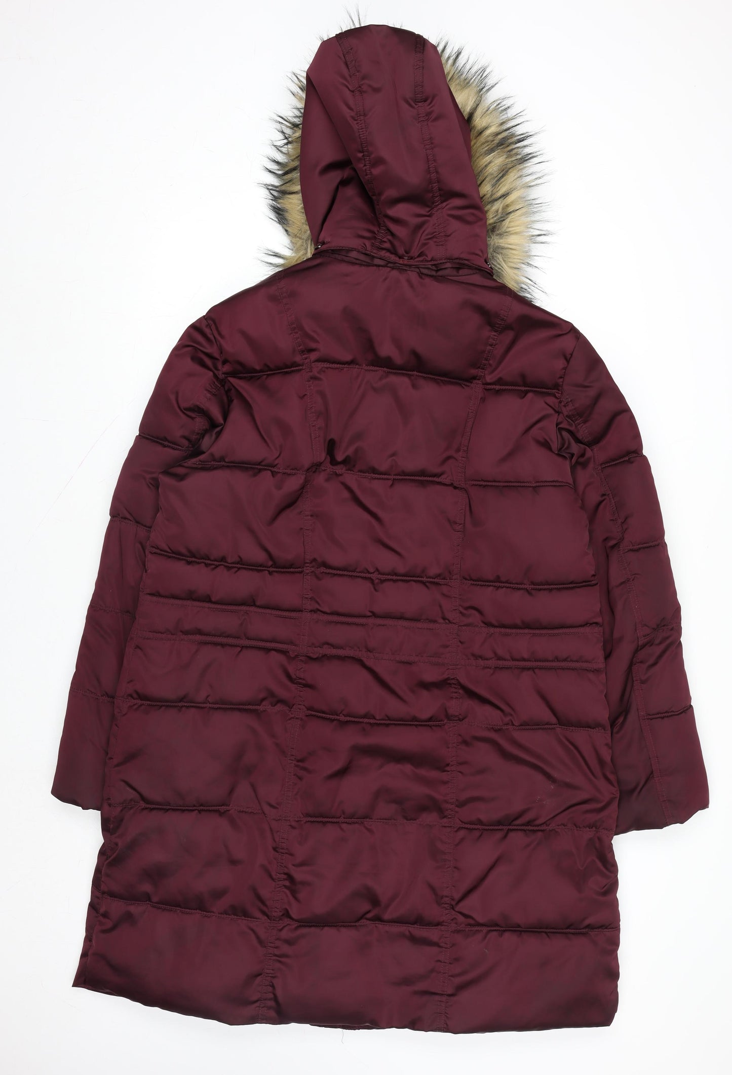 Centigrade Women's Red Long Puffer Coat L Hooded Faux Fur Trim