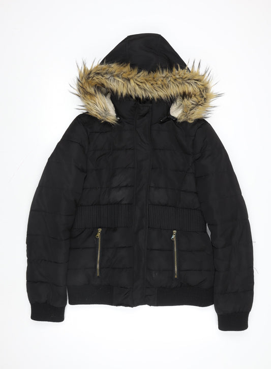 Golddigga Women Black Size 12 Faux Fur Hooded Puffer Jacket