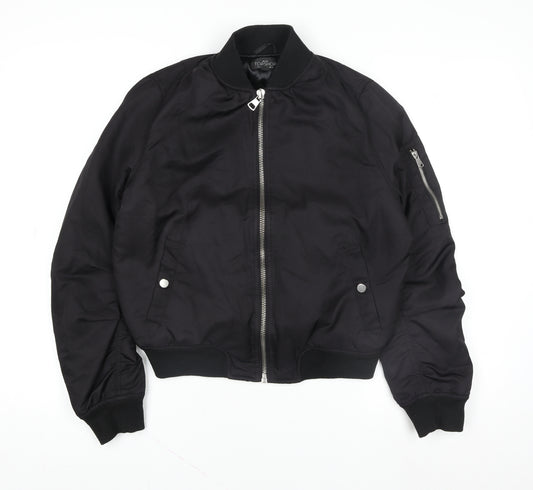 Topshop Petite Women's Black Bomber Jacket UK 12 Polyester Zip Short Casual