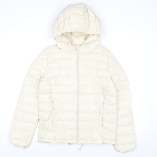 Pull & Bear Womens Ivory Puffer Jacket S Hooded Nylon Mid-Length