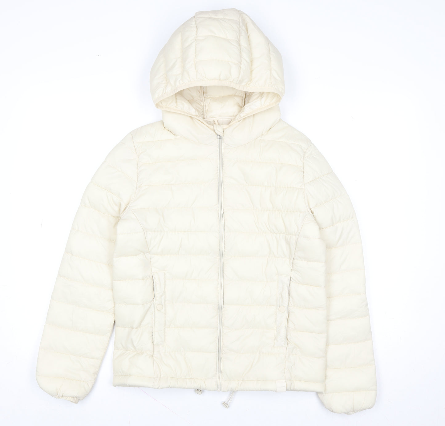Pull & Bear Womens Ivory Puffer Jacket S Hooded Nylon Mid-Length