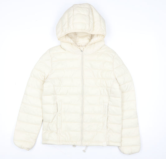 Pull & Bear Womens Ivory Puffer Jacket S Hooded Nylon Mid-Length