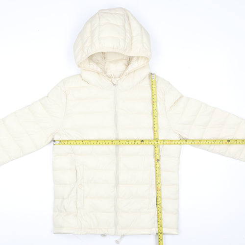 Pull & Bear Womens Ivory Puffer Jacket S Hooded Nylon Mid-Length