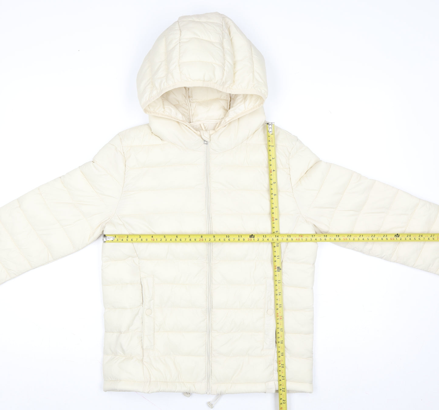 Pull & Bear Womens Ivory Puffer Jacket S Hooded Nylon Mid-Length