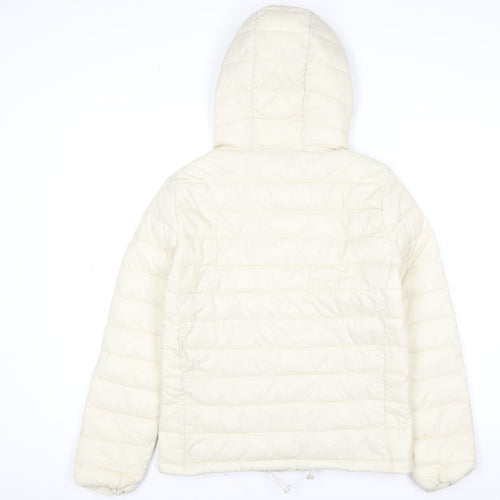 Pull & Bear Womens Ivory Puffer Jacket S Hooded Nylon Mid-Length