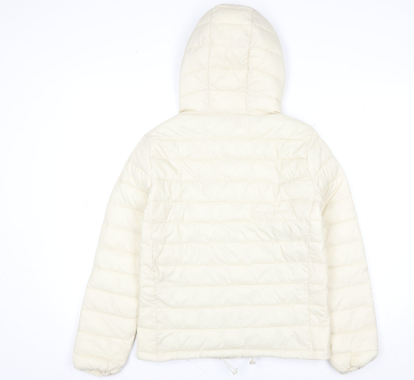Pull & Bear Womens Ivory Puffer Jacket S Hooded Nylon Mid-Length
