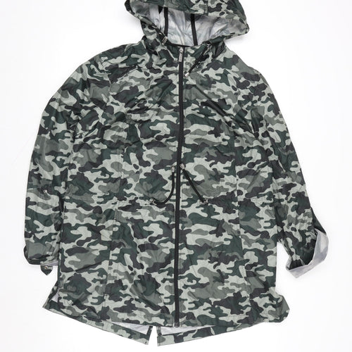 Susan Graver Womens Green Camo Hooded Rain Jacket Coat Size M