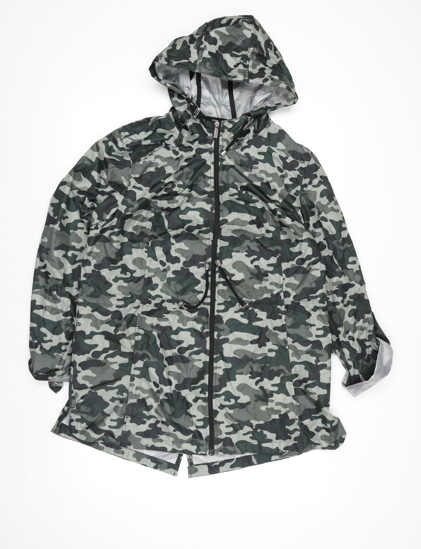 Susan Graver Womens Green Camo Hooded Rain Jacket Coat Size M