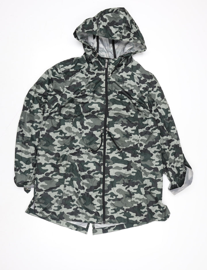 Susan Graver Womens Green Camo Hooded Rain Jacket Coat Size M
