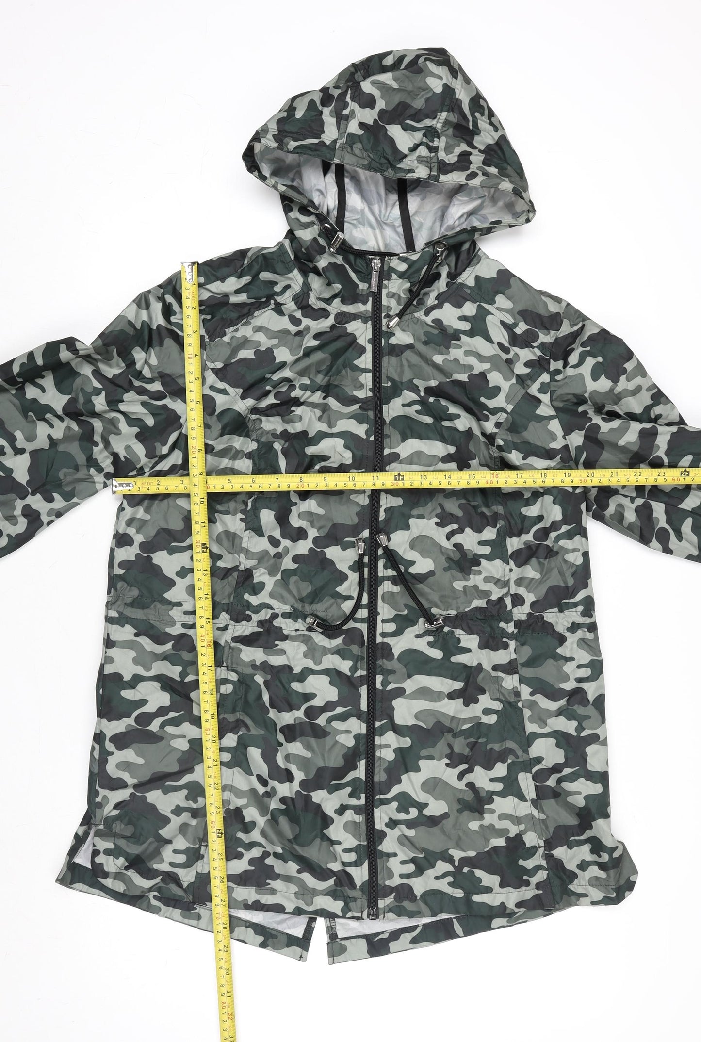 Susan Graver Womens Green Camo Hooded Rain Jacket Coat Size M