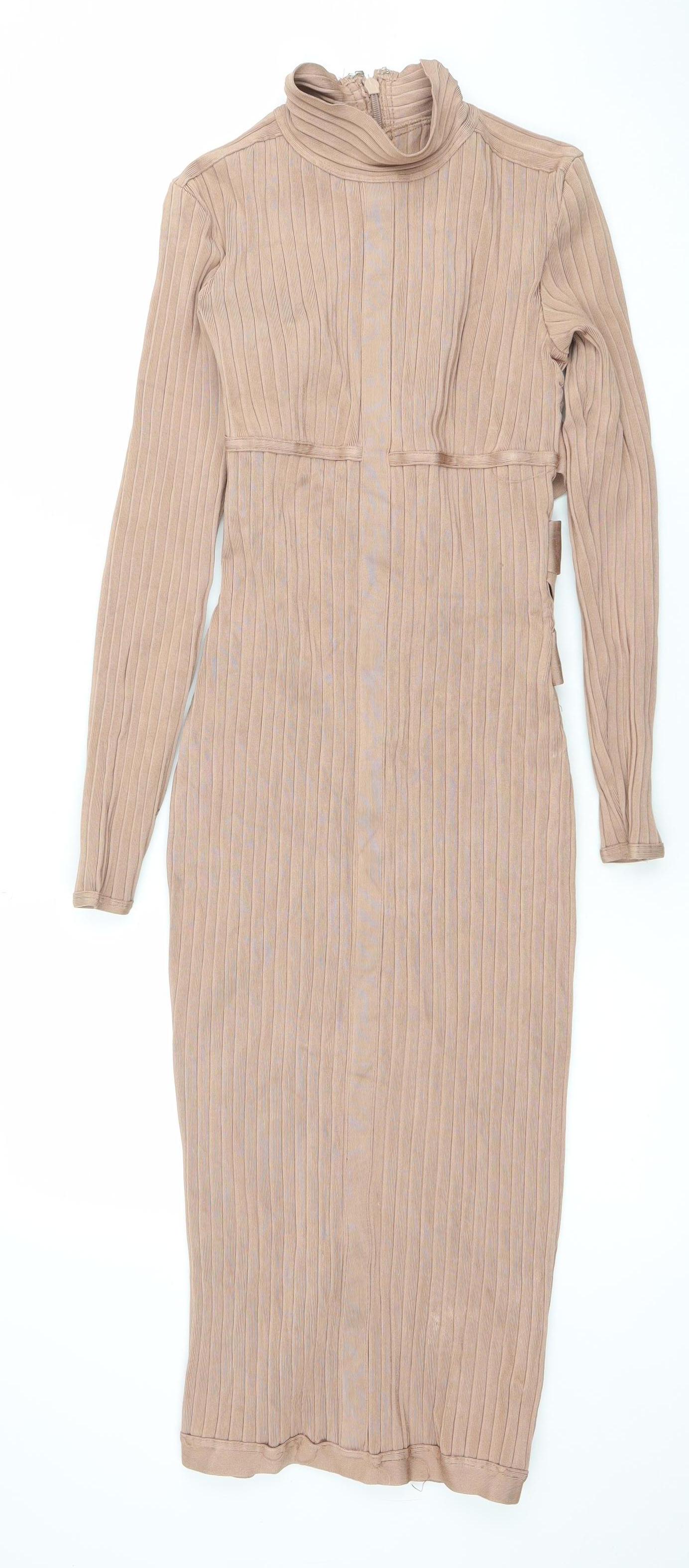 House of CB Women’s Beige Long Sleeve Bodycon Midi Dress Size S