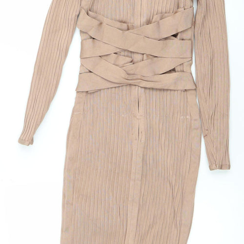 House of CB Women’s Beige Long Sleeve Bodycon Midi Dress Size S