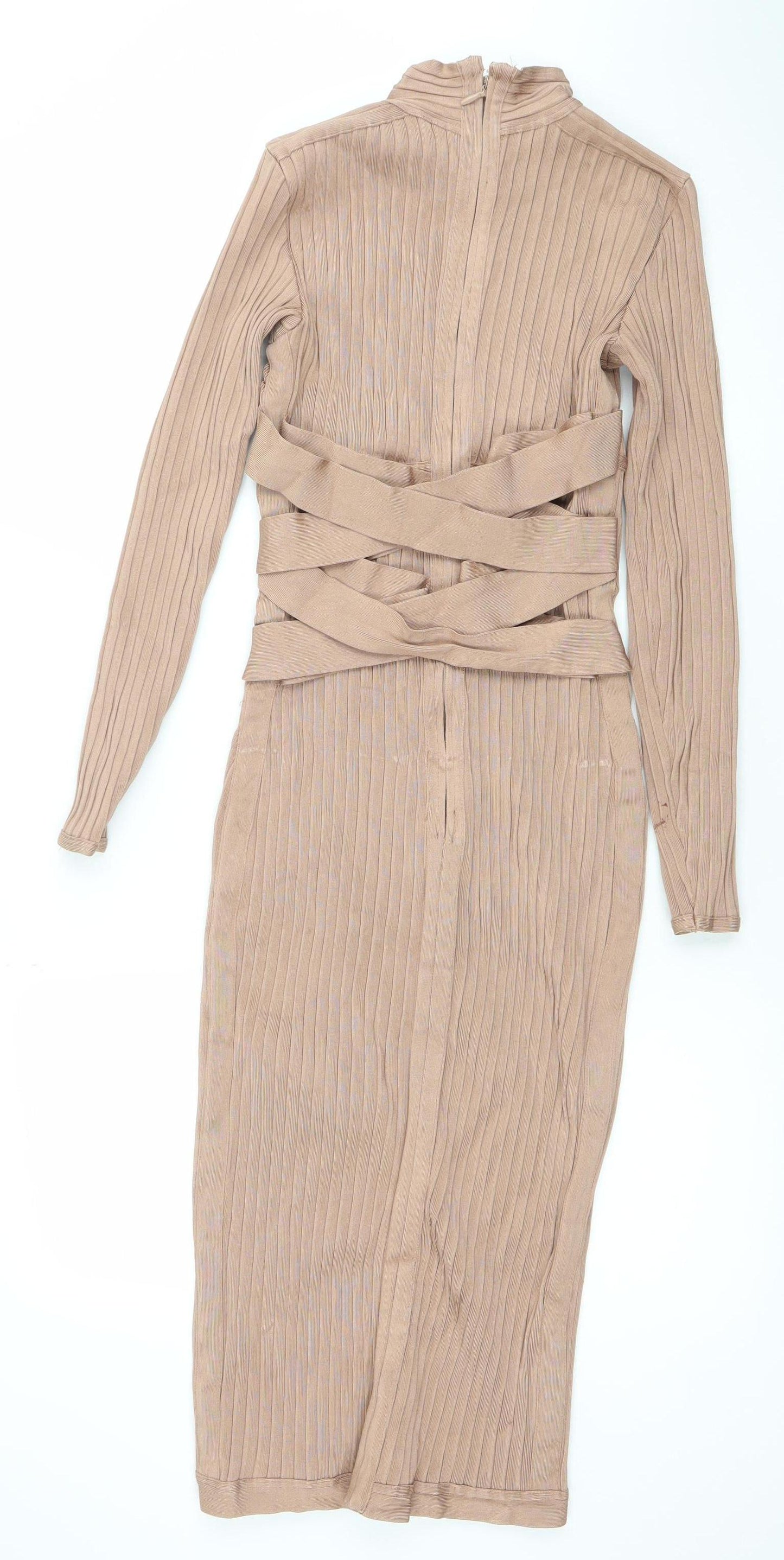 House of CB Women’s Beige Long Sleeve Bodycon Midi Dress Size S
