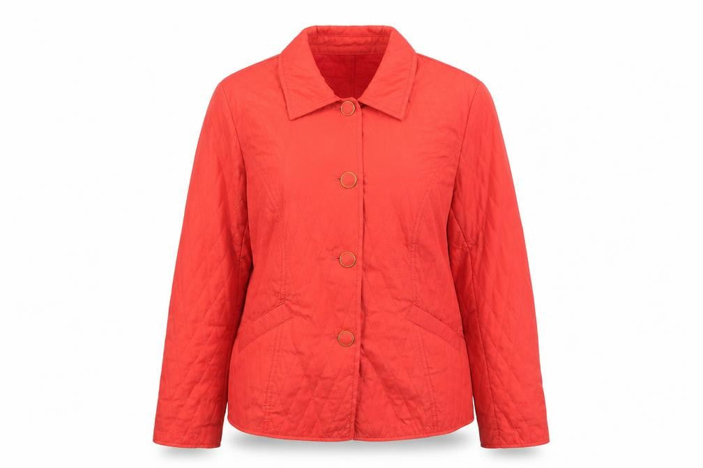 Front view of Marks & Spencer women’s red quilted mid-length jacket uk 12