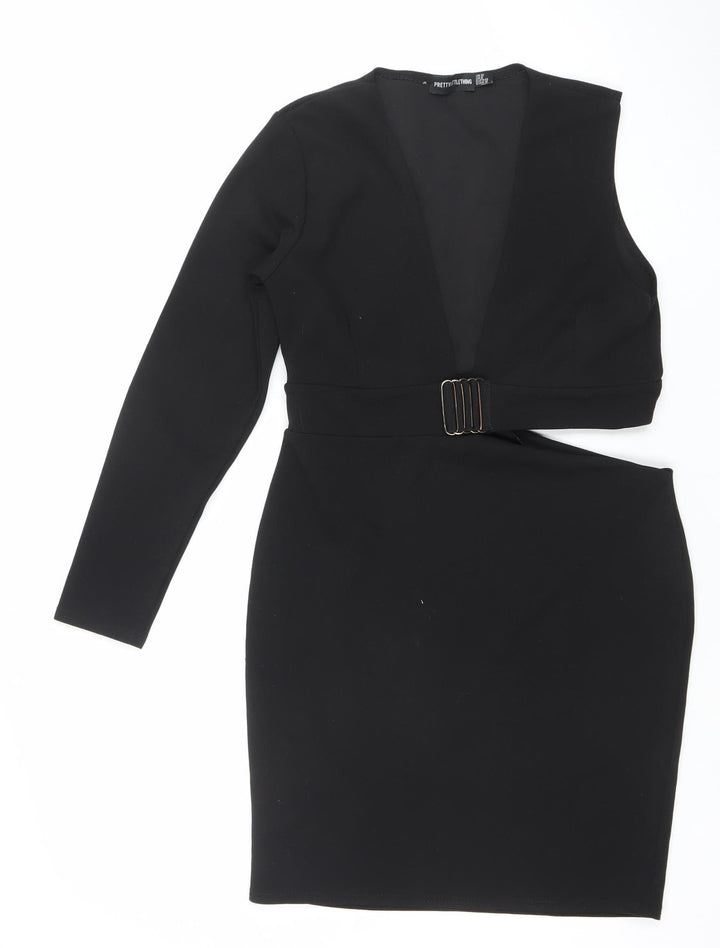 PrettyLittleThing Women’s Black Size 12 Bodycon Belted One Shoulder Dress
