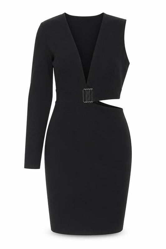 Front view of PRETTYLITTLETHING Women’s Black, size UK 12, Bodycon Belted One Shoulder Dress