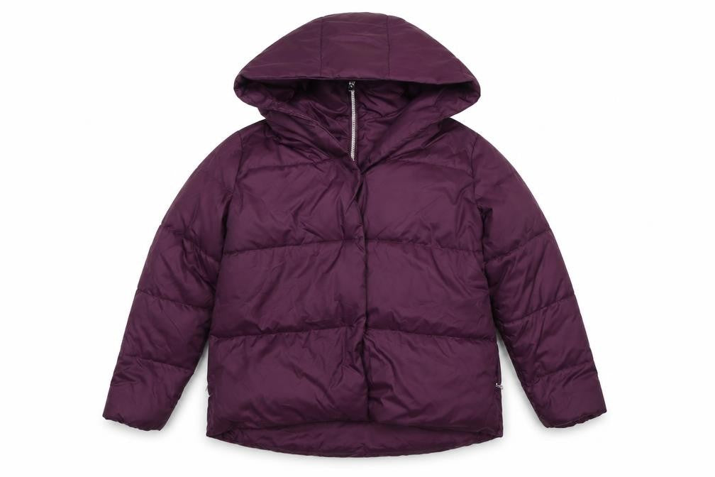 Front view of Gallery women’s purple hooded puffer jacket, size UK 12, winter coat