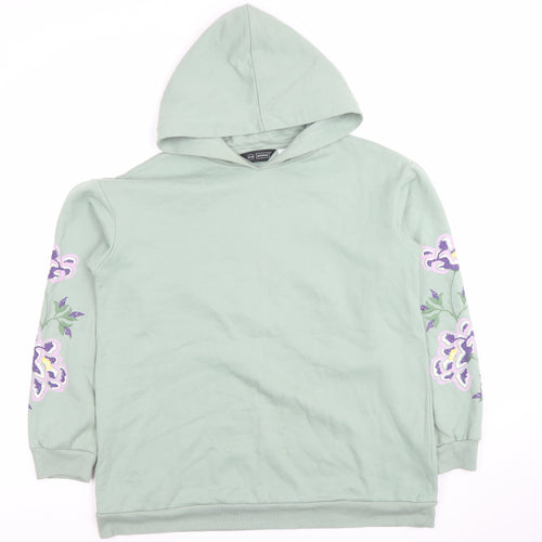 Avenue Womens Green Floral Embroidered Pullover Hoodie Size 12