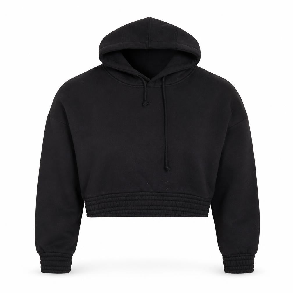 Front view of MFG Women Black 7XL Cropped Pullover Hoodie 48% Cotton 52% Polyester