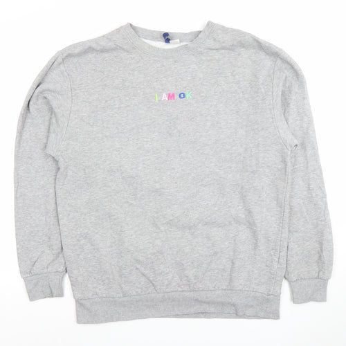 H&M Men's Grey Pullover Sweatshirt M Embroidered I AM OK