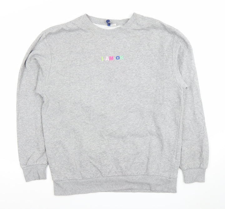 H&M Men's Grey Pullover Sweatshirt M Embroidered I AM OK