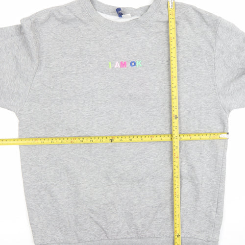 H&M Men's Grey Pullover Sweatshirt M Embroidered I AM OK