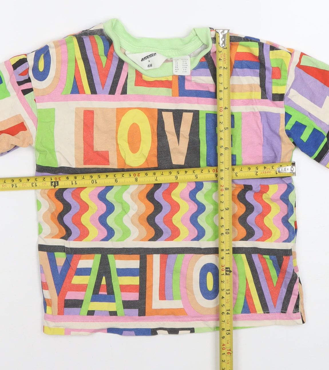 H&M Girls Multicoloured Graphic LOVE T-Shirt 3-4 Years Cotton Crew Neck