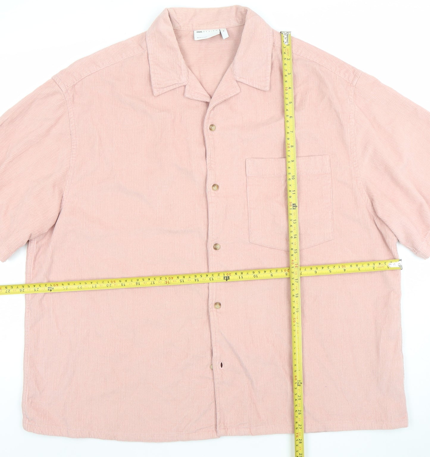 ASOS DESIGN Men's Pink Corduroy Short Sleeve Button-Up Shirt M